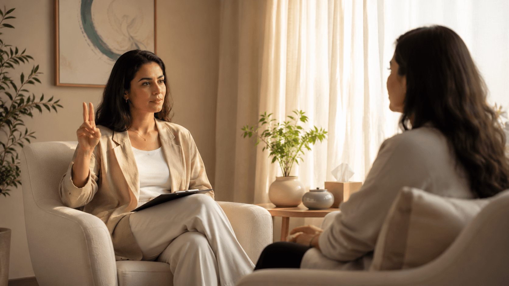 EMDR therapy session in Dubai — therapist guiding bilateral stimulation with a client in a calm, sunlit room