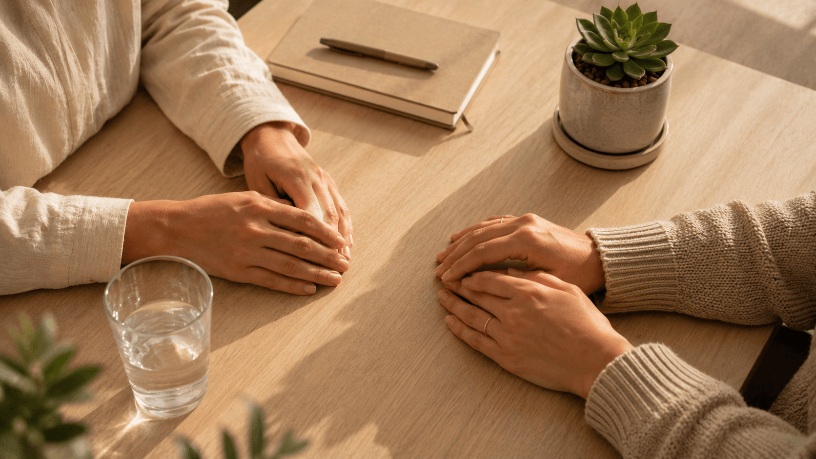 Trauma-informed care at Enliven — therapist and client hands resting near a notebook on a calm table