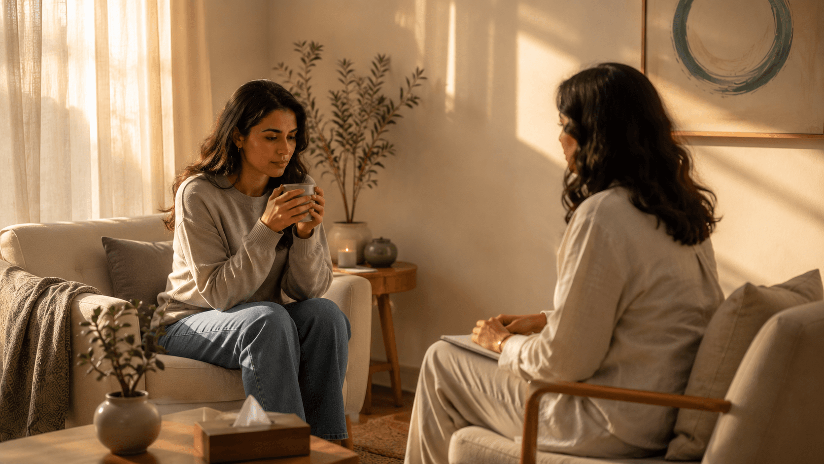 Trauma therapy session in Dubai — a client reflecting calmly with a therapist in a warm, safe room